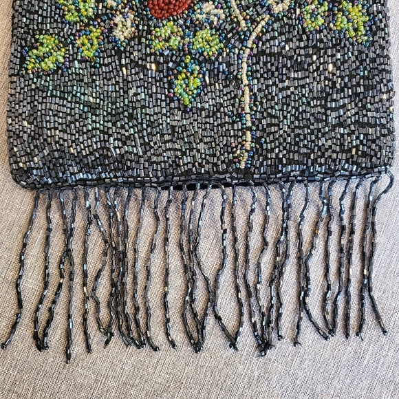 Beaded Purse Bag Floral Navy Blue Flowers Fringe - Picture 7 of 15